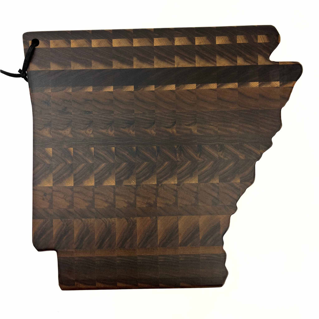 Top view of Arkansas-shaped walnut end-grain cutting board