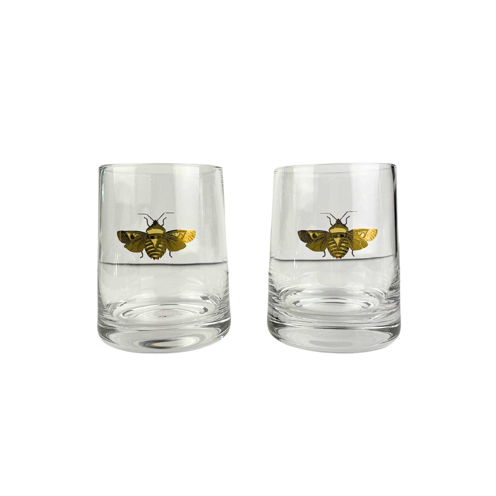 Double old fashioned glass set. Bee design.