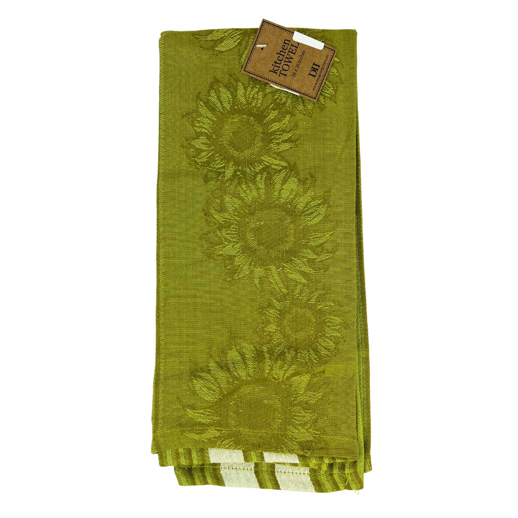 Dish towel with sunflower jacquard pattern in green..