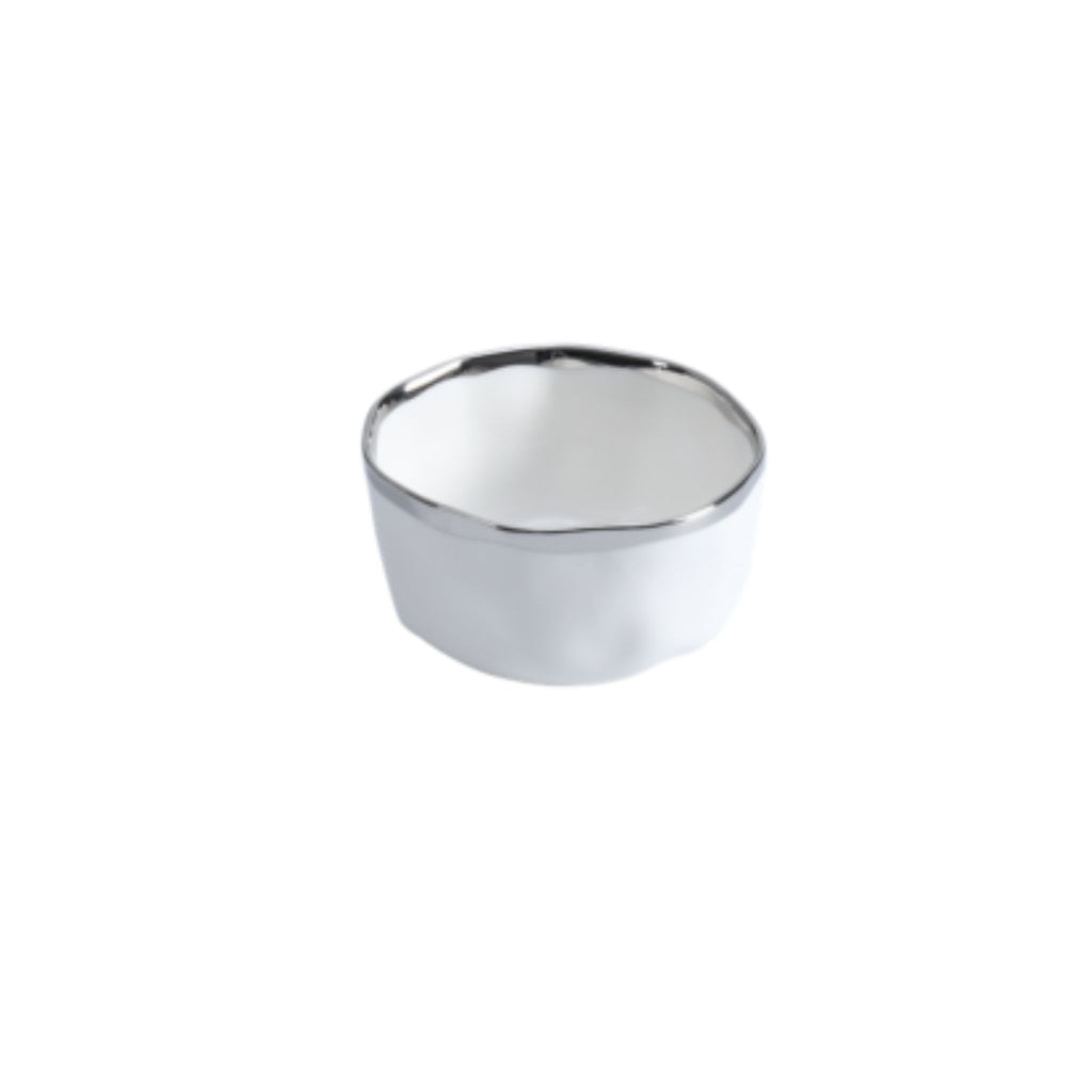 small white bowl with silver rim
