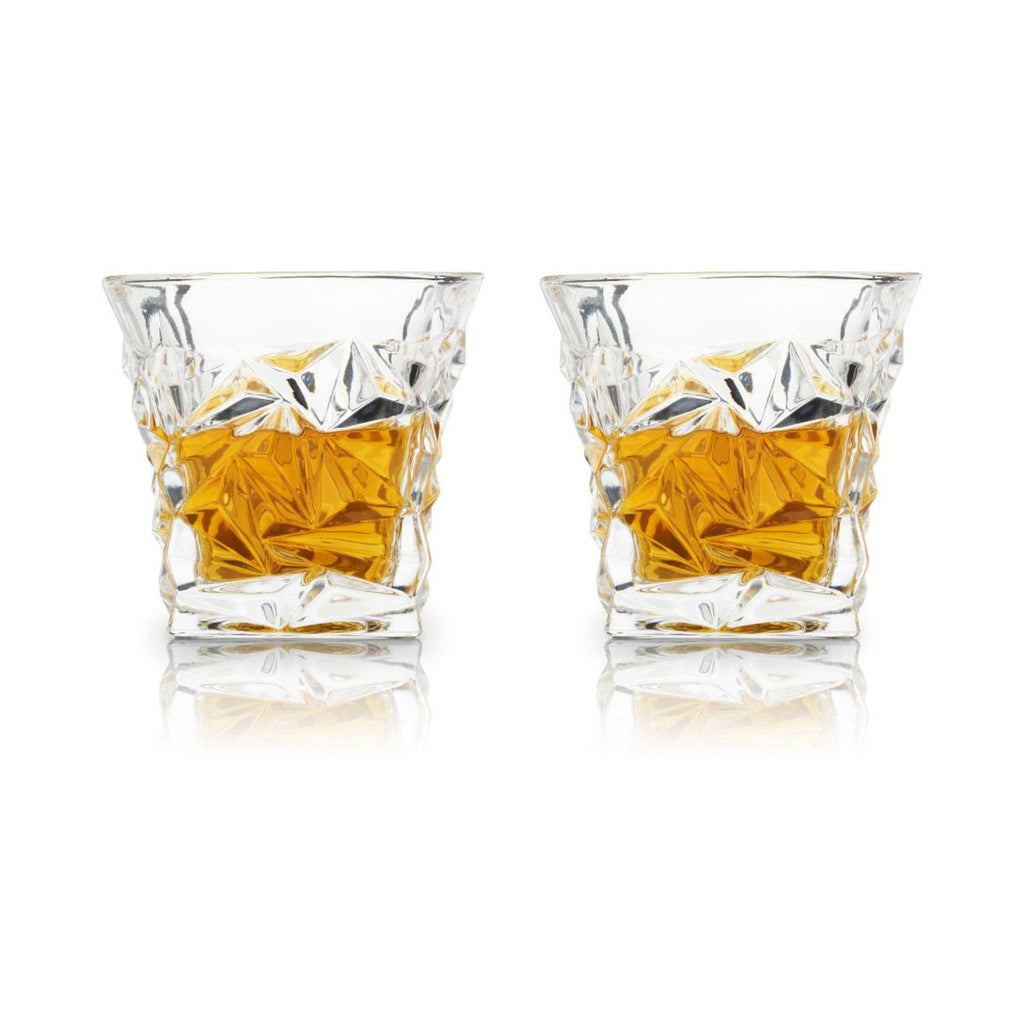 Prism whiskey tumbler pair filled with whiskey neat