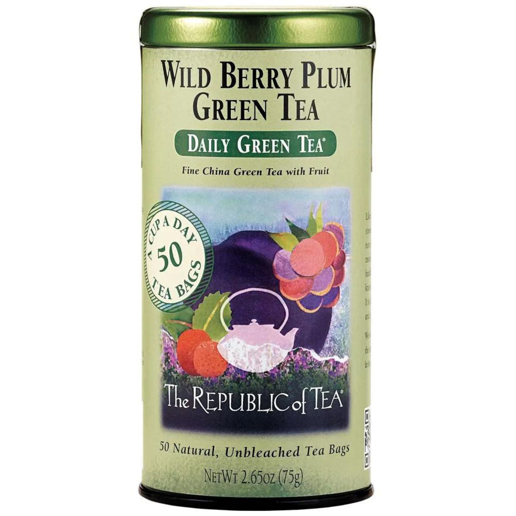 green tea tin with 50 bags wild berry plum green tea 