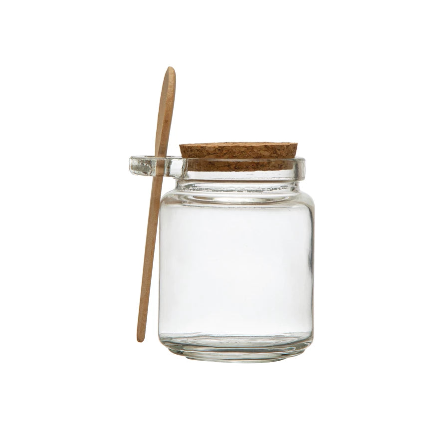 12 oz glass jar with cork lid and wooden spoon
