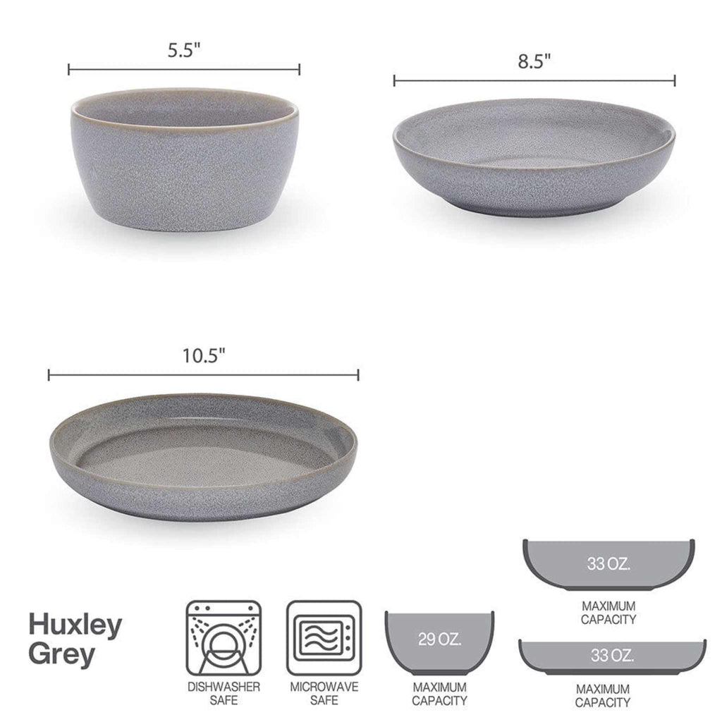Specifications for 9 piece dinnerware bowl set service for 3 by Mikasa. Huxley Grey. 