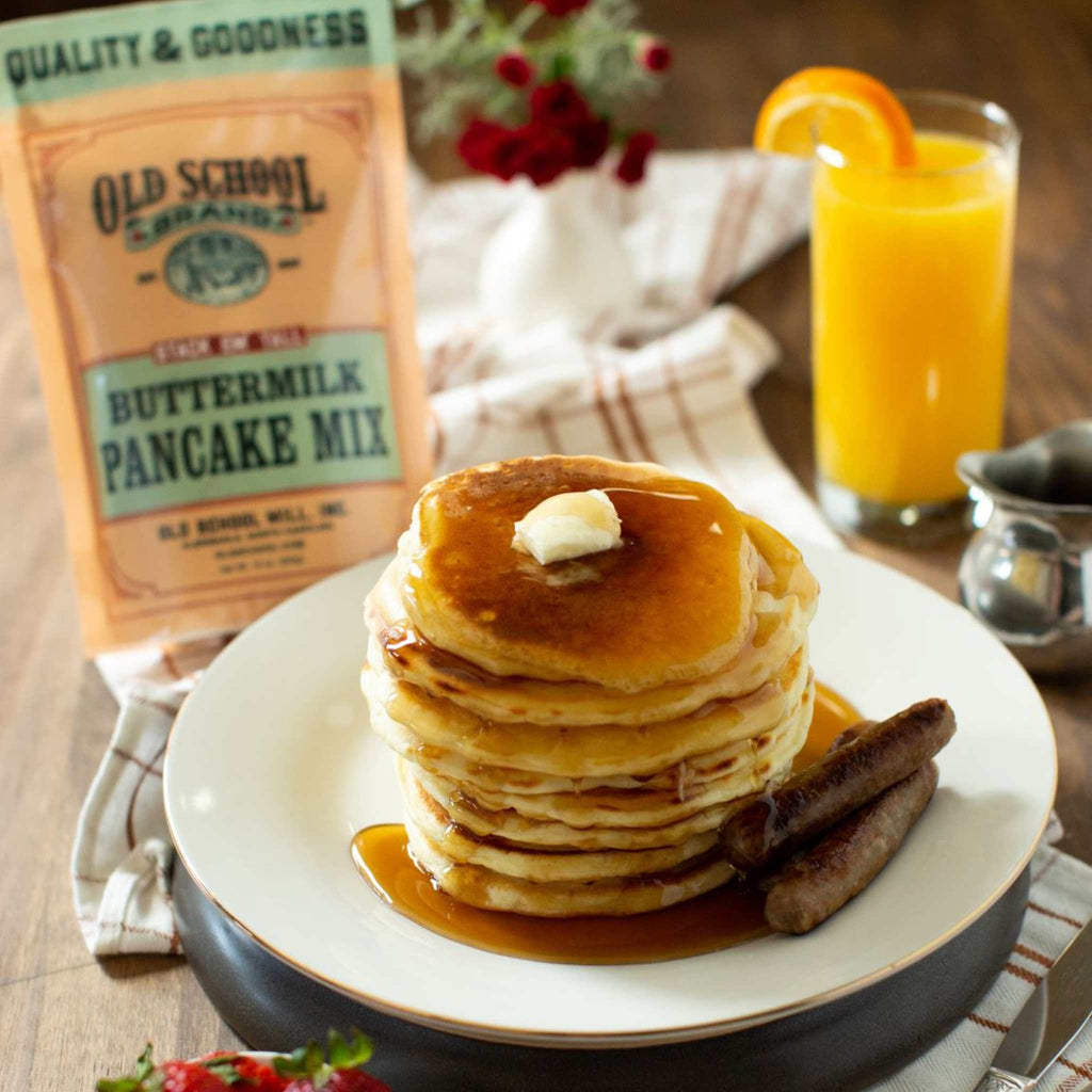 stack of pancakes made with old school brand buttermilk pancake mix